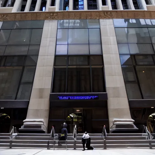 Prompt: warren buffet in thanos body standing outside wall street stock exchange, reality, realistic, detailed, 8 k, award winning, wide shot,