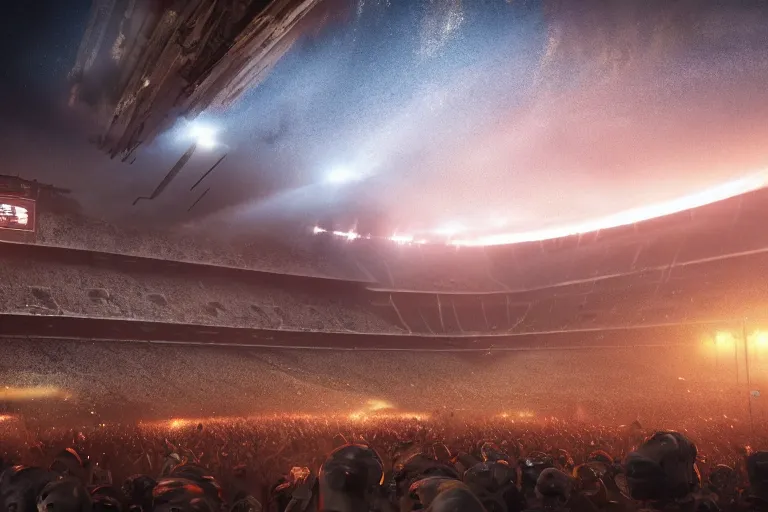 Prompt: meteors fall from the red sky down to a crumbling football stadium, crowds panic, cinematic lighting by jessica rossier, realistic, highly - detailed, 8 k, photorealistic, hyper detailed, unreal engine 5, imax quality, cinematic, epic lighting, football live, live sports