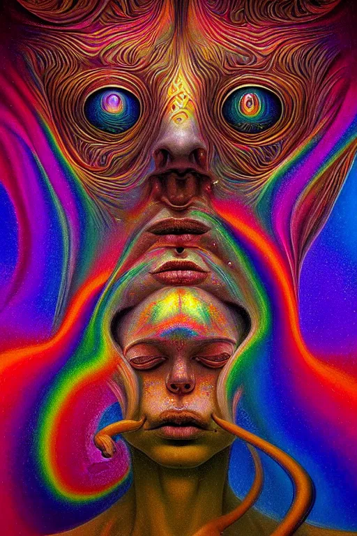 Image similar to hyperrealistic abstract close-up Renaissance psychedelic!! celestial happy! pure creature!! peaceful! kind spirit of nature! beautiful fractal!! eyes! highly detailed concept art eric zener elson peter cinematic hard rainbow lighting high angle hd 8k sharp shallow depth of field endless, inspired by Zdzisław Beksiński Salvador Dali