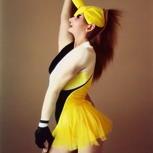 Prompt: elegant athletic woman dressed up as pikachu, art photo by Annie Liebovitz and David Hamilton and Alphonse Mucha