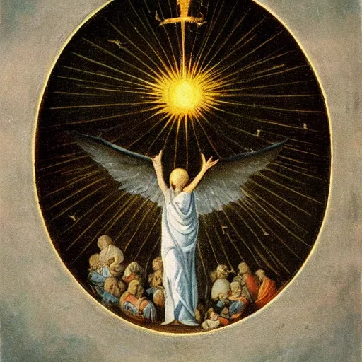 Prompt: painting of an unholy pure light being soaring through the firmament, surrounded Flemish