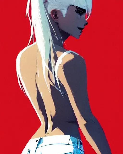 Image similar to a ultradetailed beautiful back painting of a stylish woman with white hair in a pony tail, she is wearing jeans, by conrad roset, greg rutkowski and makoto shinkai trending on artstation