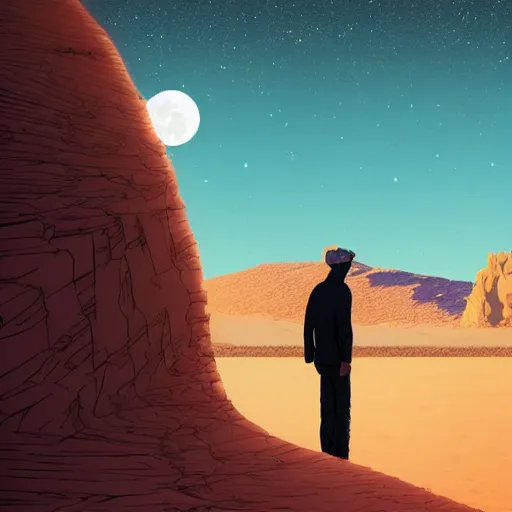 Image similar to a lonely man in desert finding a beautiful crystal, a big moon in background, Industrial Scifi, detailed illustration, character portrait, by Martin Grip and Moebius