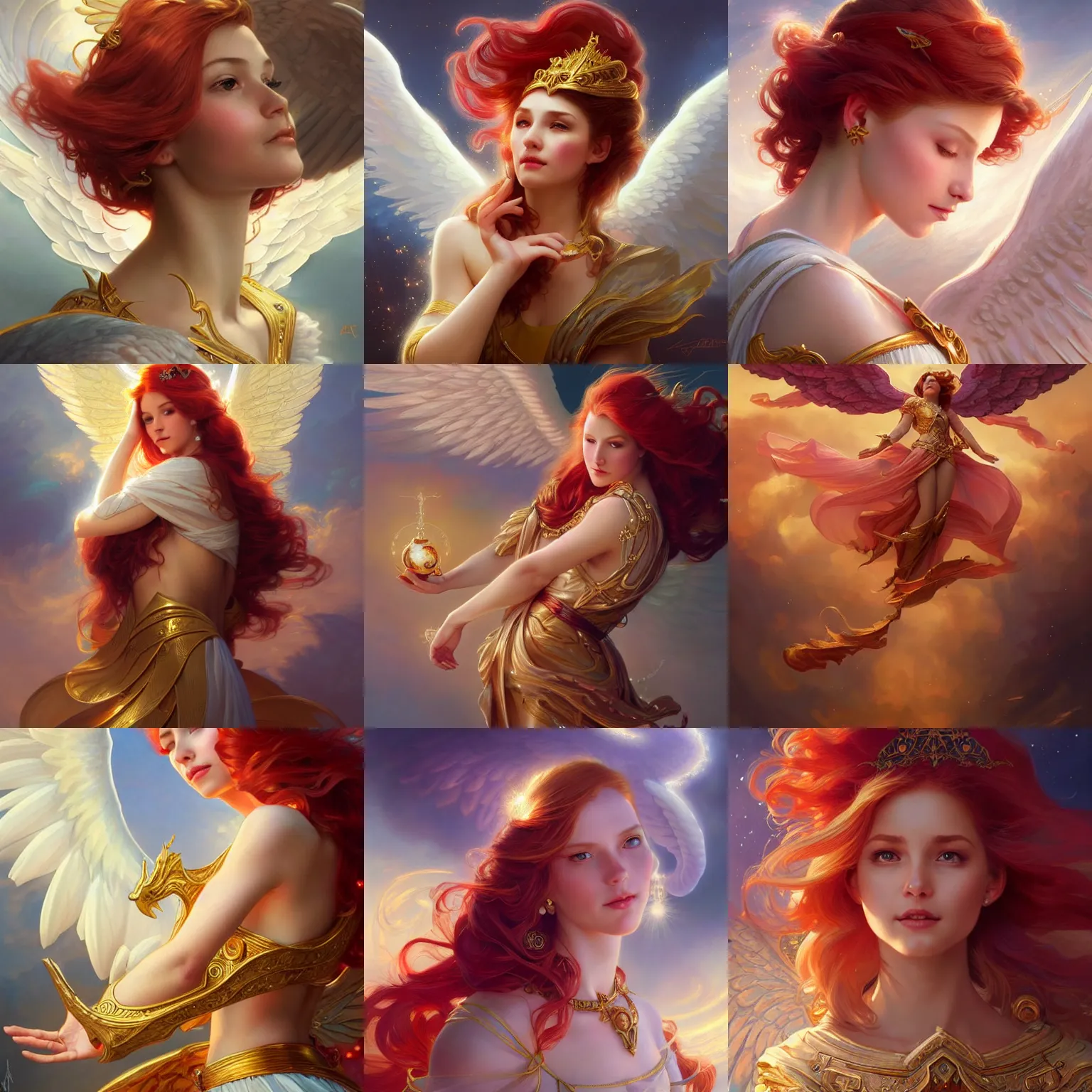 Prompt: beautiful angel princess flying in the sky, portrait, red hair, d & d, fantasy, intricate, elegant, golden inlays, highly detailed, digital painting, artstation, concept art, matte, sharp focus, illustration, hearthstone, art by artgerm and greg rutkowski and alphonse mucha