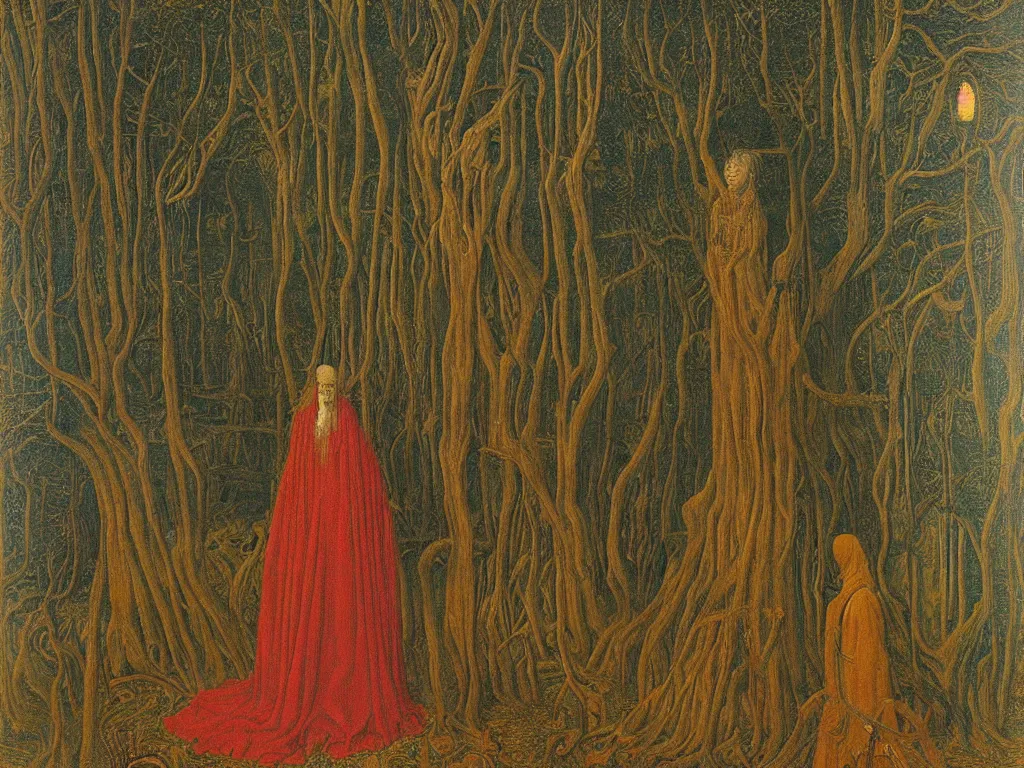 Image similar to Portrait of melancholic non gendered person coming from the future in spiked cloth. Background with the giant totemic forest. Sleepless night. Painting by Jan van Eyck, Rene Magritte, Jean Delville, Max Ernst, Maria Sybilla Merian