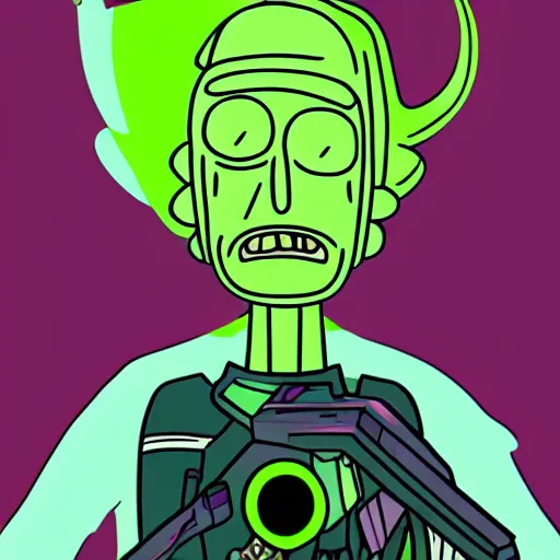 Image similar to portrait of alien rick holding a cybernetic rifle, rick and morty forever and forever a hundred years! g