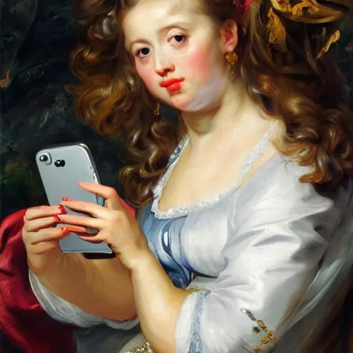 Image similar to heavenly summer sharp land sphere scallop well dressed lady taking a selfie with her iphone auslese, by peter paul rubens and eugene delacroix and karol bak, hyperrealism, digital illustration, fauvist, iphone