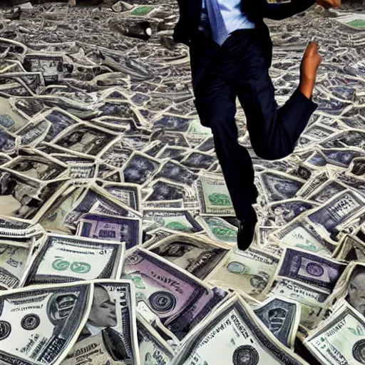 Prompt: Barack Obama jumping into a large pile of money, photo