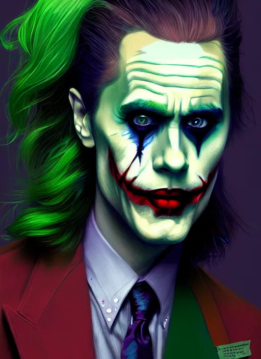 Image similar to portrait of jared leto as the joker, green hair, intricate, elegant, glowing lights, highly detailed, digital painting, artstation, concept art, sharp focus, illustration, art by wlop, mars ravelo and greg rutkowski