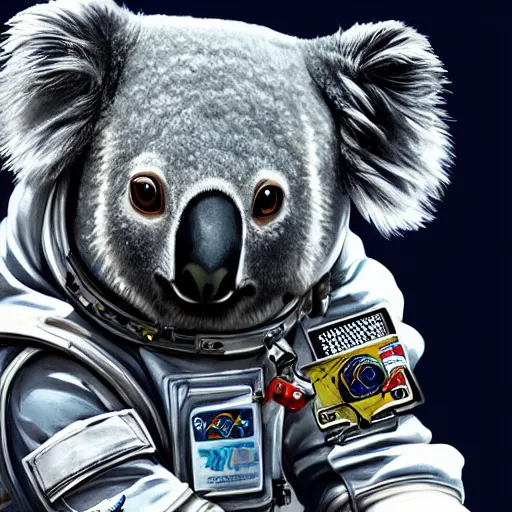 Image similar to a koala in a astronaut suit, 3d, sci-fi fantasy, intricate, elegant, highly detailed, lifelike, photorealistic, digital painting, artstation, illustration, concept art, sharp focus, art in the style of Shigenori Soejima