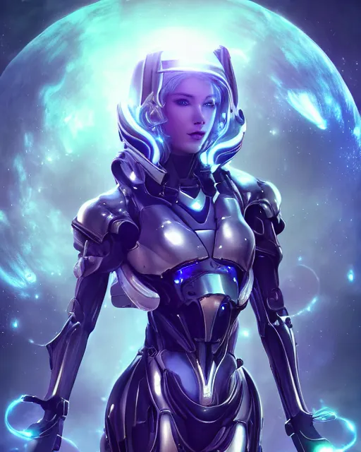 Image similar to perfect android girl on a mothership, warframe armor, beautiful face, scifi, futuristic, galaxy, nebula, raytracing, dreamy, long white hair, blue cyborg eyes, sharp focus, cinematic lighting, highly detailed, artstation, divine, by gauthier leblanc, kazuya takahashi, huifeng huang