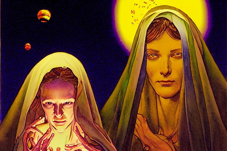 Image similar to a hyperrealist watercolour character concept art portrait of the blessed mother mary on well lit night in las vegas, nevada. there is a ufo. neon roses. by rebecca guay, michael kaluta, charles vess and jean moebius giraud