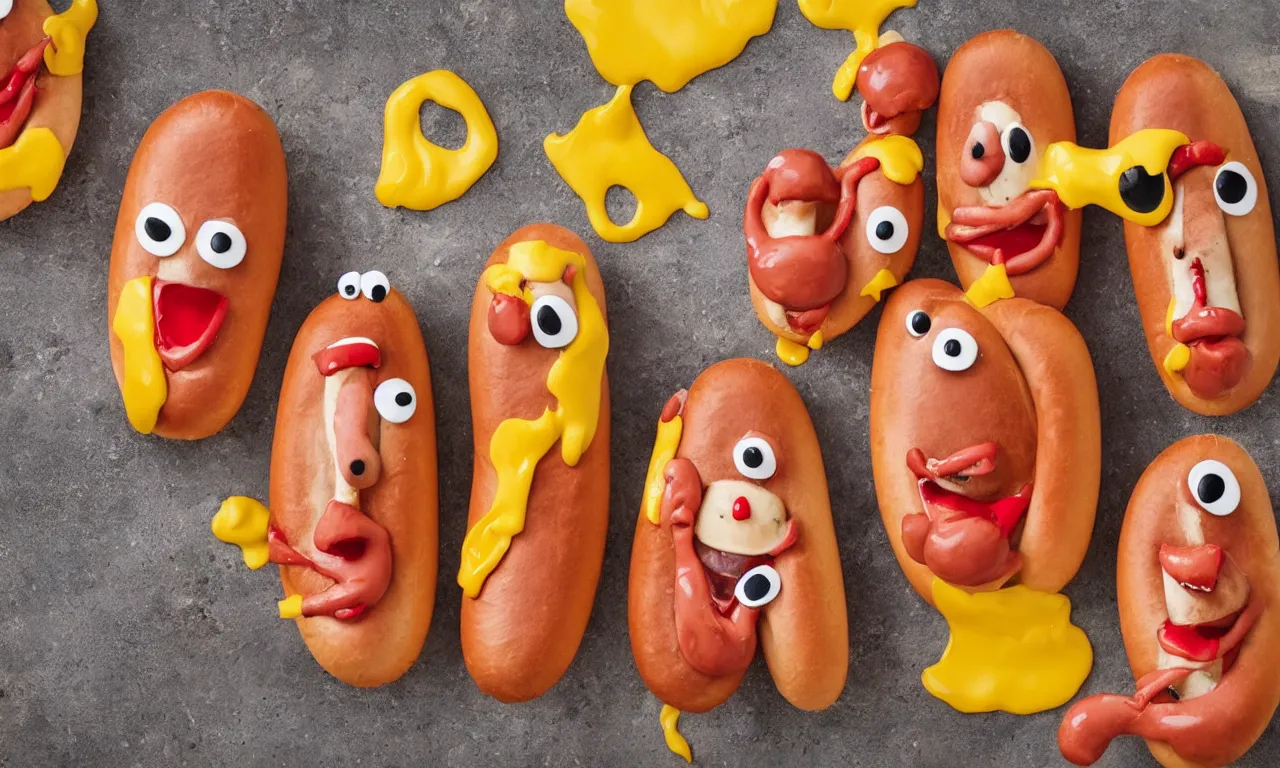 Prompt: happy smiling hotdogs with googly eyes having fun, dripping with ketchup and mustard and cheese, photorealistic