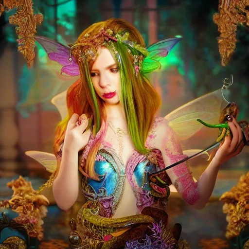 Prompt: portrait of fairy princess eating a snake, beautiful, attractive, glowing, ornate and intricate, jaw dropping, dynamic lighting, colorful, fairy tale, intricate and detailed, 4 k octane render