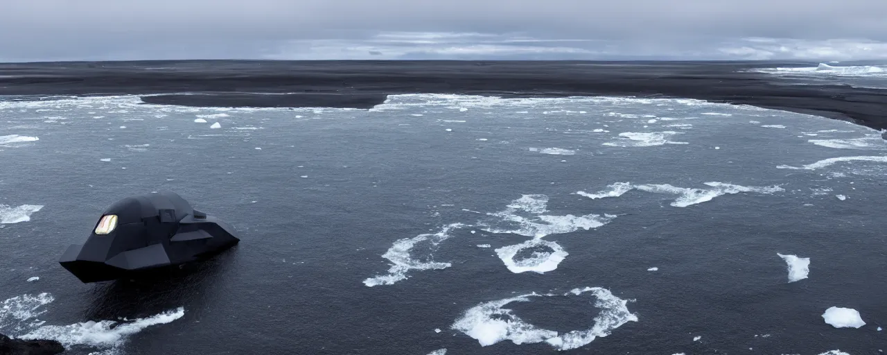 Prompt: cinematic shot of giant futuristic military spacecraft in the middle of an endless black sand beach in iceland with icebergs in the distance,, 2 8 mm