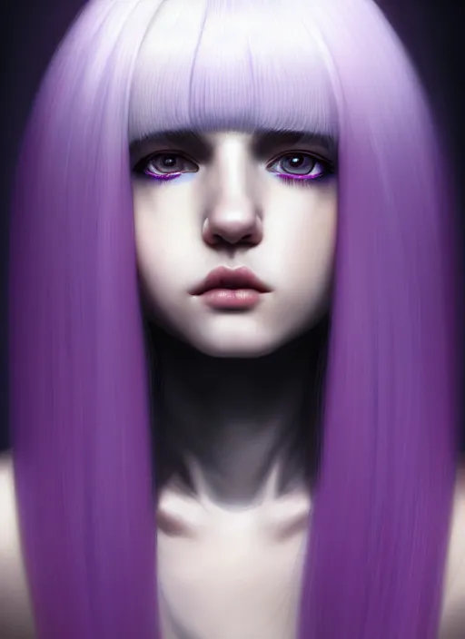 Image similar to hair whitebangs hair, black hair, whitebangs, portrait of teenage girl with white bangs, red irises, purple clothes, white bangs, bangs are different color from hair, intricate, elegant, glowing lights, highly detailed, digital painting, artstation, concept art, smooth, sharp focus, illustration, art by wlop, mars ravelo and greg rutkowski