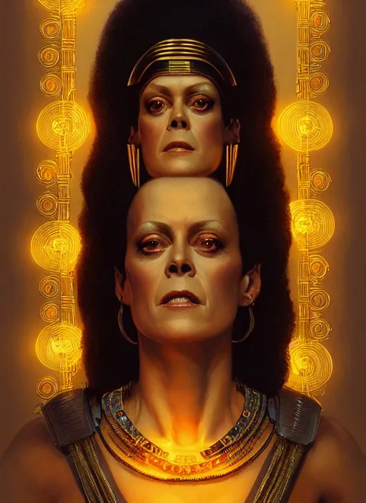 Image similar to sigourney weaver as cleopatra, intricate, elegant, glowing lights, highly detailed, digital painting, artstation, glamor pose, concept art, smooth, sharp focus, illustration, art by artgerm and greg rutkowski, artey freytag