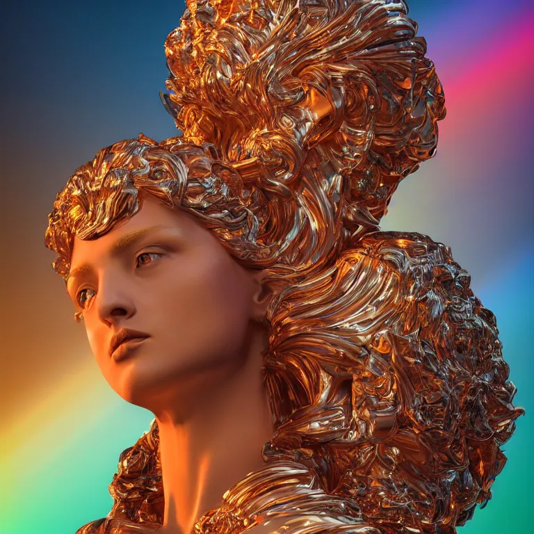 Image similar to octane render portrait by wayne barlow and carlo crivelli and glenn fabry, an incredibly realistic shiny reflective high - end colorful statue of a roman goddess made out of pored resin surrounded by flying colorful sparks, cinema 4 d, ray traced lighting, very short depth of field, bokeh