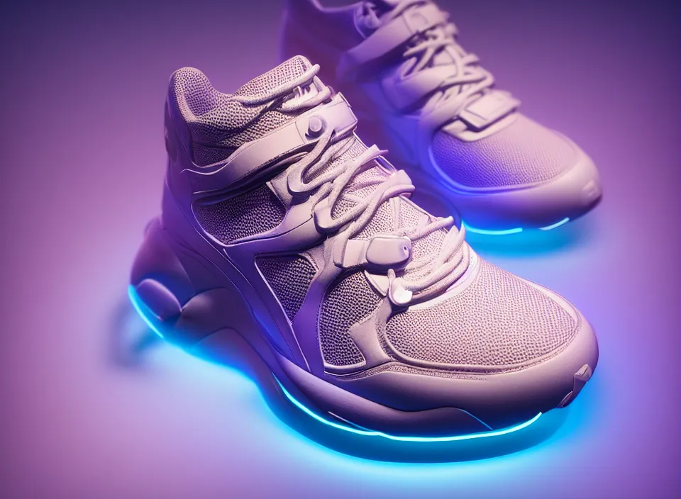 Image similar to realistic 3 d render of a futuristic sneaker, beautiful studio lighting, soft, sharp focus, neon glowing lines, intricate detail, purple and blue leather, soft white rubber, shiny plastic, hexagon mesh, gold filigree, octane render, side view, close up, trending on artstation, deviantart, nike, asics, salomon