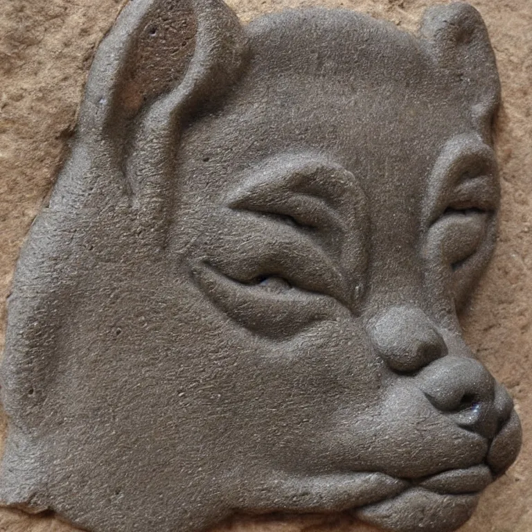 Image similar to ancient Babylonian stone bas relief of a shiba-inu's face