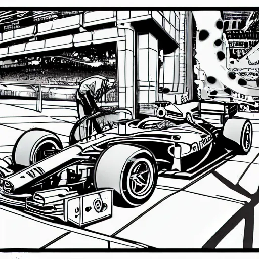 Prompt: formula one mechanic works on car, comic, wide shot, marvel style by patrick brown