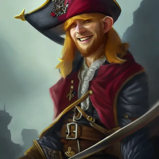 Prompt: dashing charming ginger grinning charismatic elf male rogue, wearing pirate captain's tricorne hat, naval background, amazing, trending on art station, artgerm, Greg rutkowski