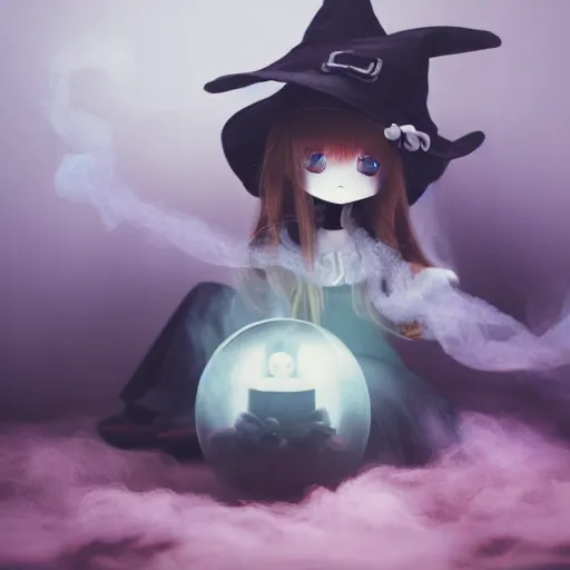 Image similar to cute fumo plush girl gazing into a crystal ball swirling with strange energy, black and white gothic horror, smoke and volumetric fog, witch girl, soothsayer, lens flare glow, chibi anime, vray