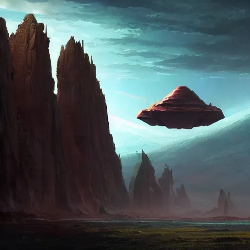 Prompt: pulp fantasy concept art painting of an alien monolith hovering over alien civilization, by greg rutkowski and james gurney