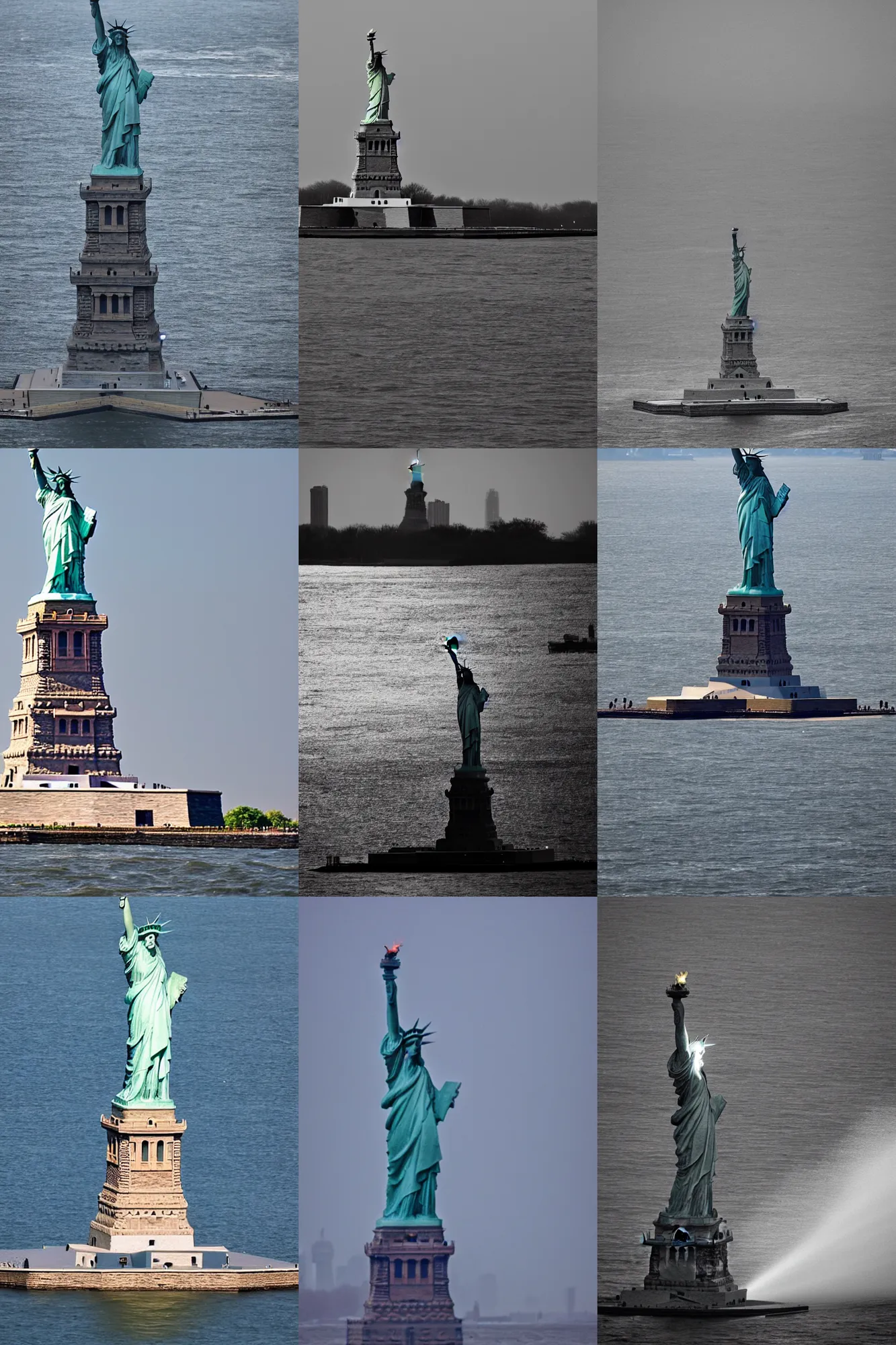 Prompt: the statue of liberty covered by water, only the torch is visible above the surface