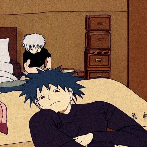 Image similar to bedroom in studio ghibli, Kakashi Hatake sitting on bed, Saitama standing next to bed, anime style