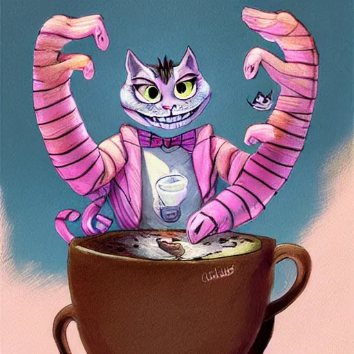 Image similar to cheshire cat drinking tea, by cory loftis, character art, art, very coherent, plain background, lighthearted, soft painting