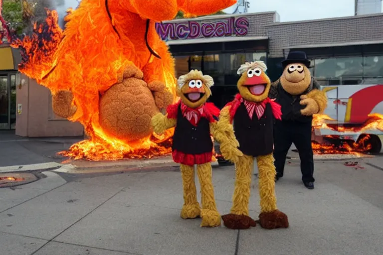 Prompt: Fozzie Bear from the Muppets posing for a photo in front of a McDonalds covered in fire and flames