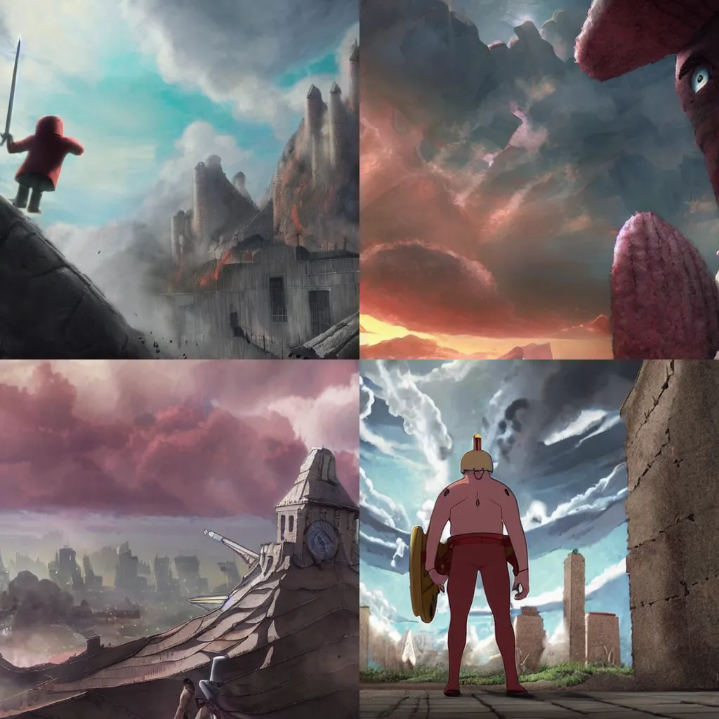 Prompt: a beautiful matte painting of Patrick Star as a Titan in Attack on Titan