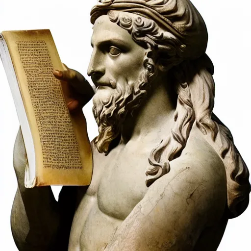 Image similar to greek statue of leonardo davinci holding a book, realistic, photorealistic