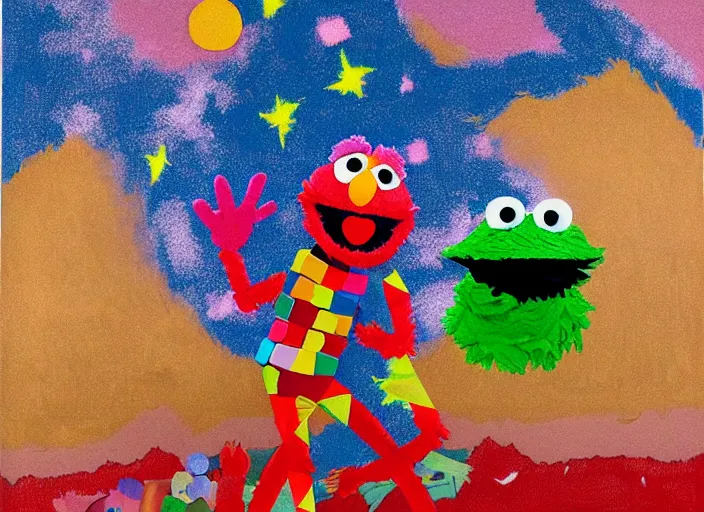 Image similar to pixel decollage painting skullhead trash can toter as tarot card fool with sesame street elmo and kermit muppet on a horse knight in a dark red cloudy night sky background and golden foil jewish stars , mountain lake and blossoming field in background, painted by Mark Rothko, Helen Frankenthaler, Danny Fox and Hilma af Klint, pixelated, neo expressionism, semi naive, pastel colors, cinematic, color field painting, cave painting, voxel, pop art look, outsider art, minimalistic. Bill Traylor painting, part by Philip Guston and Francis Bacon. art by Adrian Ghenie, very coherent symmetrical artwork, cinematic, hyper realism, high detail, octane render, unreal engine, Smooth gradients, depth of field, full body character drawing, extremely detailed, 8k, extreme detail, intricate detail, masterpiece