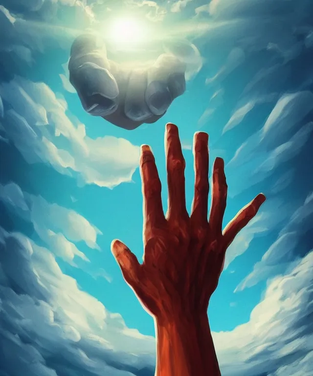 Image similar to a giant hand emerging from a portal in the sky, epic scale, in the art style of robbie trovino, artstation, instagram, sharp focus, digital illustration, crisp 8 k lineart, surrealism