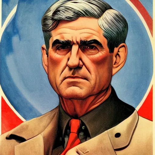 Image similar to soviet propaganda of robert mueller, by j. c. leyendecker, bosch, and beksinski