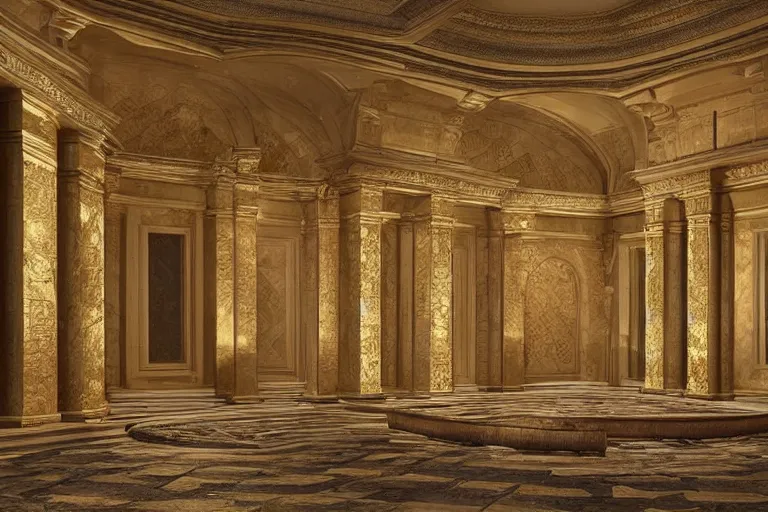 Prompt: “Nicely decorated setup, it was a large rectangle table that looked to shine gold with marble texture. An oval shape with its walls containing sculpted ancient Greek arches surrounding the walls. Well crafted architecture that was built around the curving shape of the roof. On the ceiling there was round dome shaped orange beige light that shined down.” Realistic Fantasy Render. 4K HD.