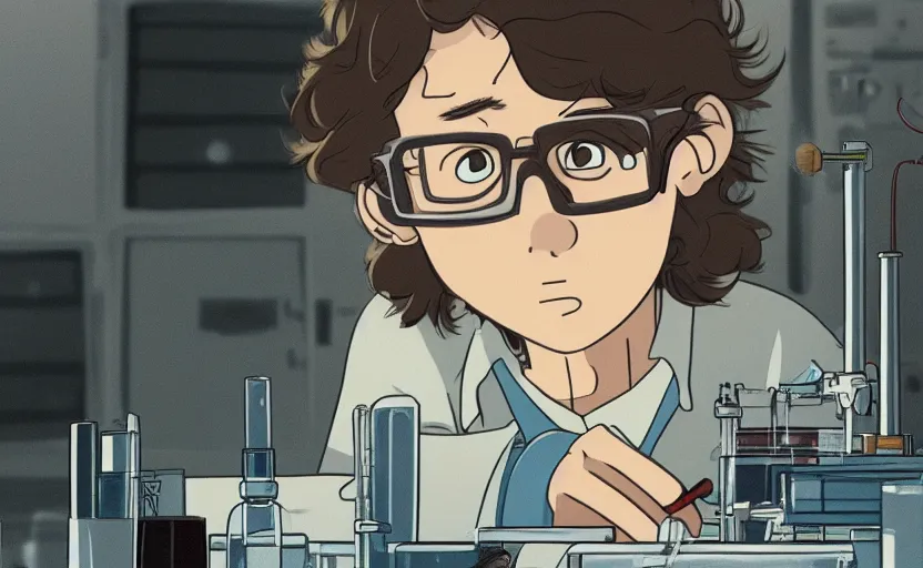 Prompt: a film still portrait of a young nerdy longhaired scientist in his lab, finely detailed features, closeup at the faces, perfect art, grimdark, trending on pixiv fanbox, painted by studio ghibli, charlie brown