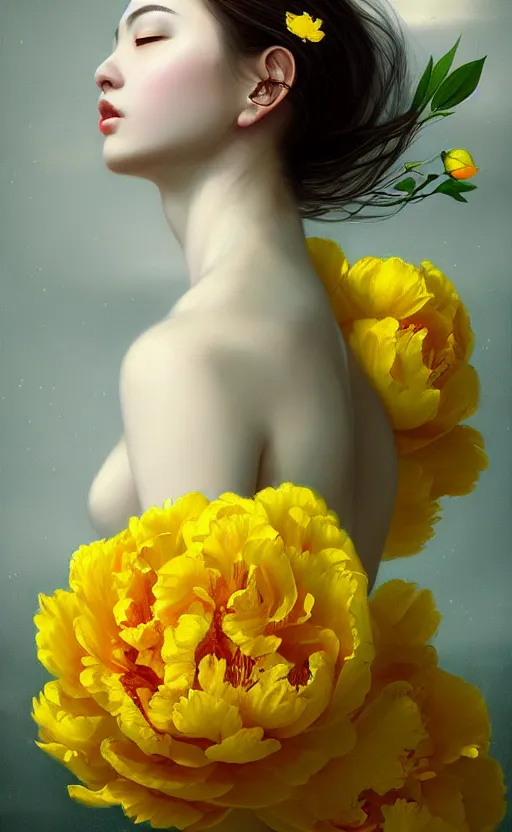 Prompt: beautiful yellow woman, symmetrical portrait, realistic, full body, black peonies, white snakes wrapped around the sky, rich details, by wlop