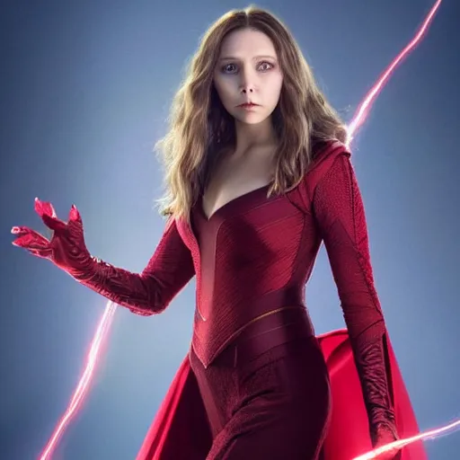 Image similar to elizabeth olsen as the scarlet witch emanates magic from her palms, full - body portrait, 3 5 mm!!!!! photography, disdain facial expression, messy!!!!! hair, trending on artstation, photorealistic!!!!!, 4 k, 8 k