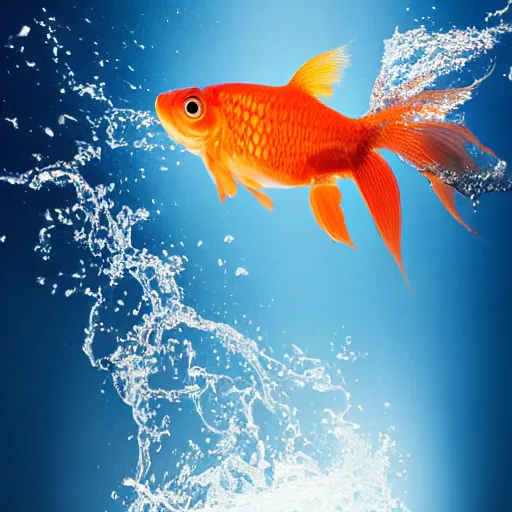 Prompt: stock photo of goldfish jumping in the air splahing water out of the water bowl to freedom blue background