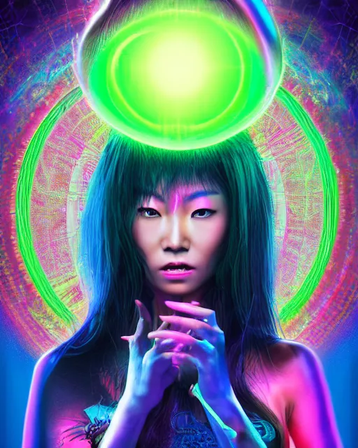 Prompt: a powerful energy psychedelic matrix asian woman, by alexander fedosav, hyper detailed digital matte painting, concept art, hyperrealism, 1 6 k resolution, cinema 4 d, 8 k resolution, trending on artstation, behance hd, a masterpiece, by stephan martiniere, particles, cel - shaded, power bright neon energy, by david a. hardy