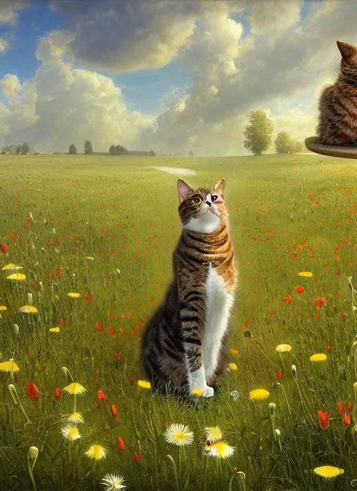 Image similar to the cat in the meadow from flowers : dandelions, poppy, tulip, chamomile, hyperrealism, no blur, 4 k resolution, ultra detailed, style of ivan shishkin, tyler edlin, tom bagshaw, arthur rackham,