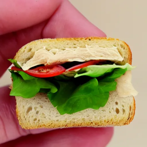 Prompt: hands presenting the tiniest sandwich ever made