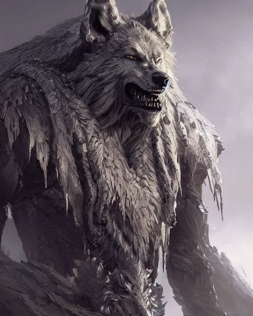 Image similar to king of wolves, elden ring, by artgerm, by greg rutkowski and zdizslaw beksinski, trending on artstation, octane render