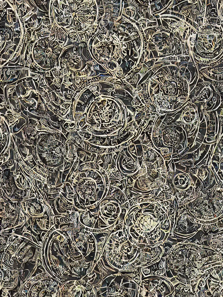 Image similar to symmetrical mandala pattern of machine guns, shotguns, rifles, revolvers, bullets, styled as a tattered paperback cover, ultra-realistic, intricate fluid details,