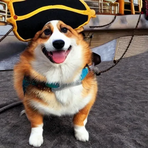 Image similar to a pirate corgi, corgi on a pirate ship in the sea