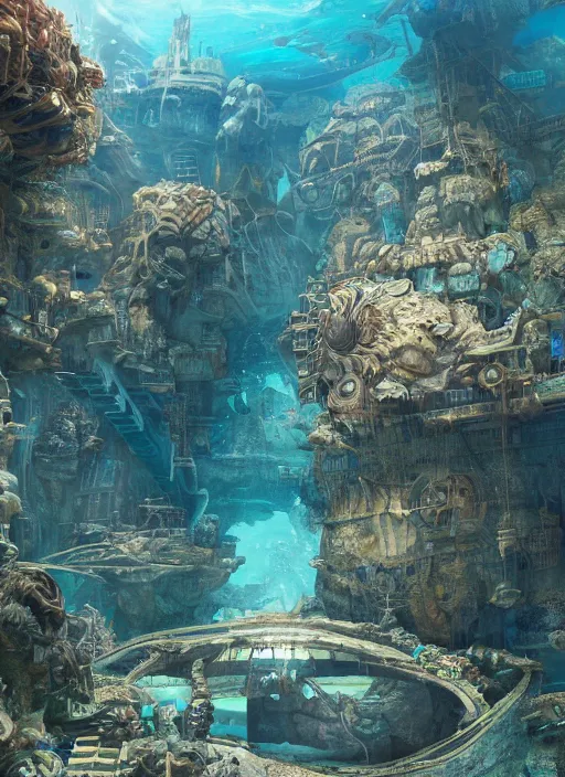 Image similar to masterpiece artwork of a underwater city civilization inside the aquarium on a bedroom, au naturel, hyper detailed, digital art, trending in artstation, cinematic lighting, studio quality, smooth render, unreal engine 5 rendered, octane rendered, art style by klimt and nixeu and ian sprigger and wlop and krenz cushart and riot and overwatch