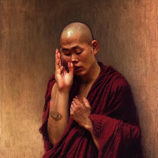 Image similar to highly detailed potrait of blind folded buddhist monk praying like jesus, painting by gaston bussiere, craig mullins, j. c. leyendecker, lights, art by ernst haeckel, john william godward, hammershøi,